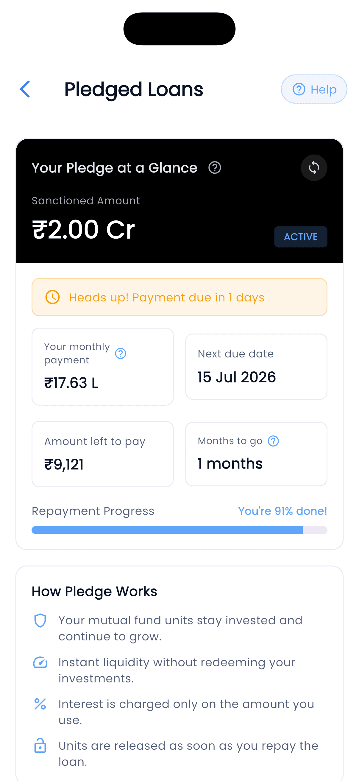 Lark Money app, pledged loan dashboard