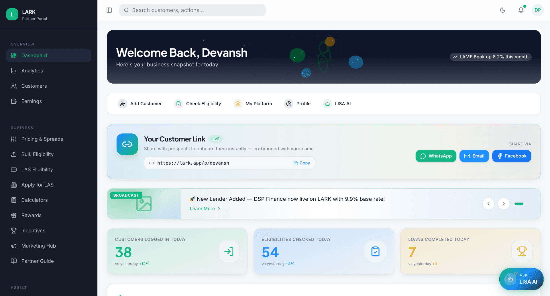 Lark partner dashboard