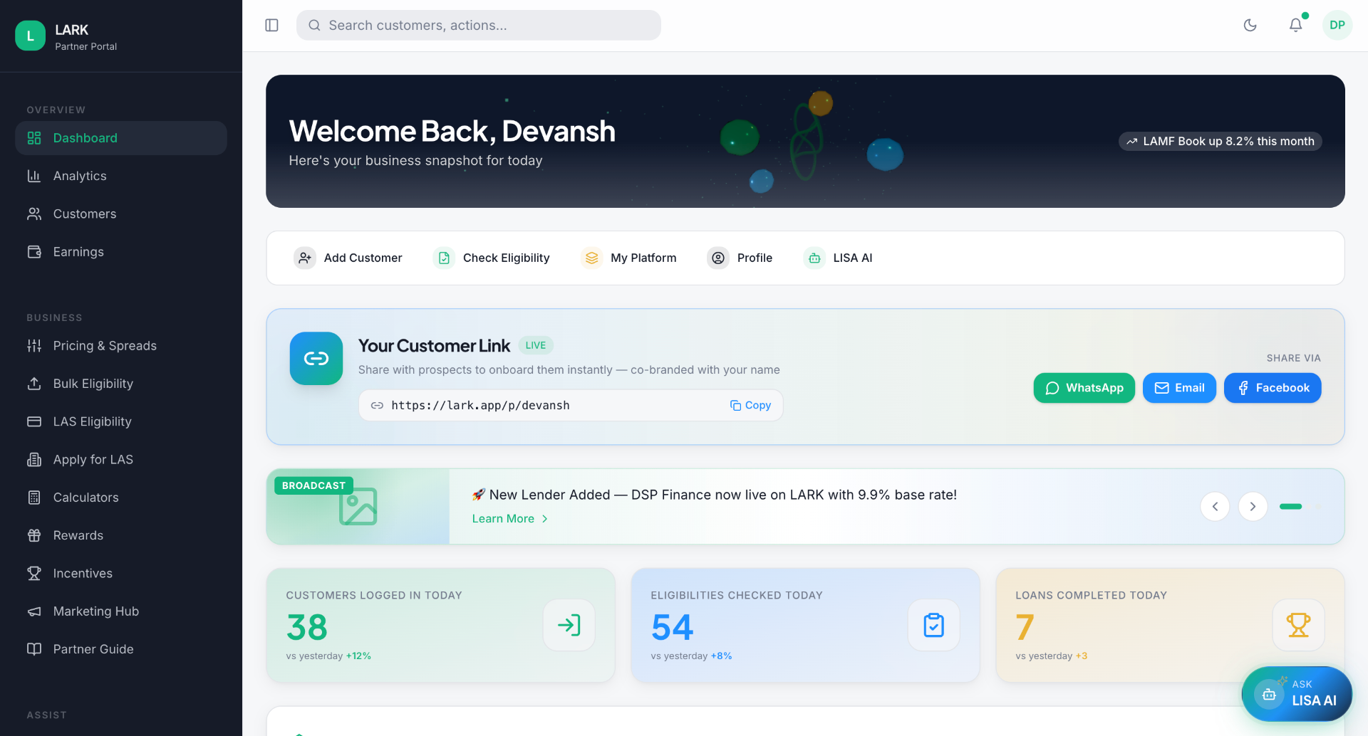 Lark partner dashboard